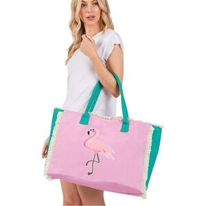Vibrant Flamingo Pink & Green Embroidered Beach Tote Bag w/Cream Fringe Trim NWT
